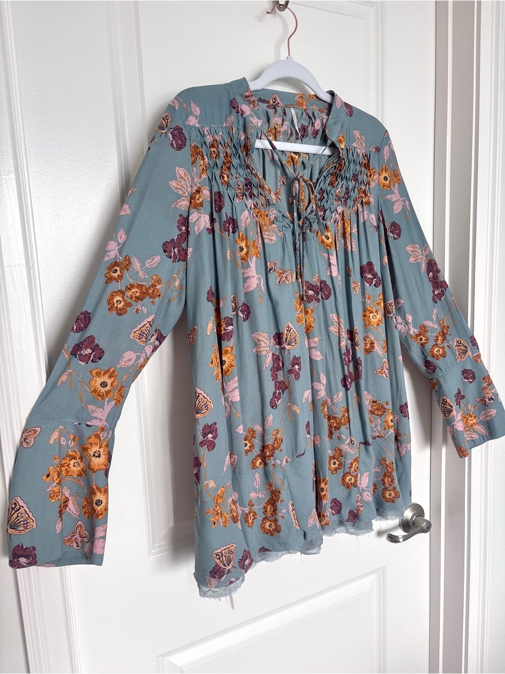 Free People Sage Floral Peasant Blouse Boho Cottagecore Romantic Top XS